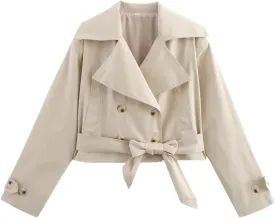 Adhdyuud Women Double Breasted Trench Coat Solid Belted Waist Outerwear With Pockets Casual Short Coat