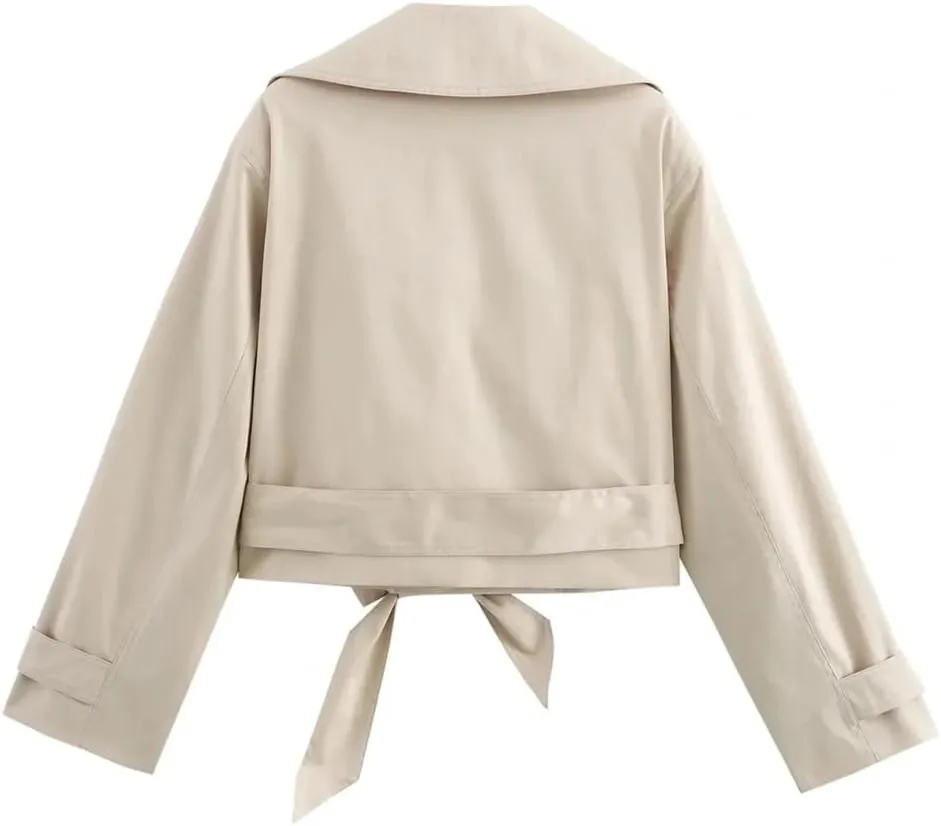 Adhdyuud Women Double Breasted Trench Coat Solid Belted Waist Outerwear With Pockets Casual Short Coat