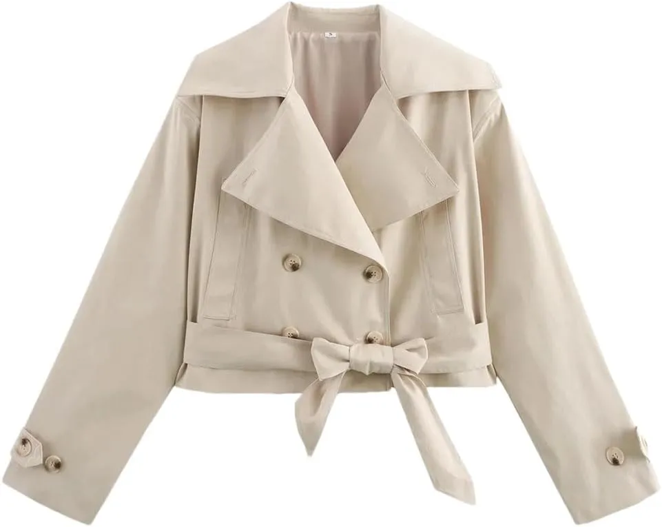 Adhdyuud Women Double Breasted Trench Coat Solid Belted Waist Outerwear With Pockets Casual Short Coat