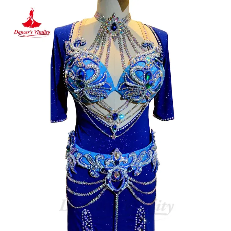 Belly Dance Performance Costumes Robe for Women Customized Spandex Robe diamond Bra  headscarf belt 4pcs Oriental Dancing Outfit