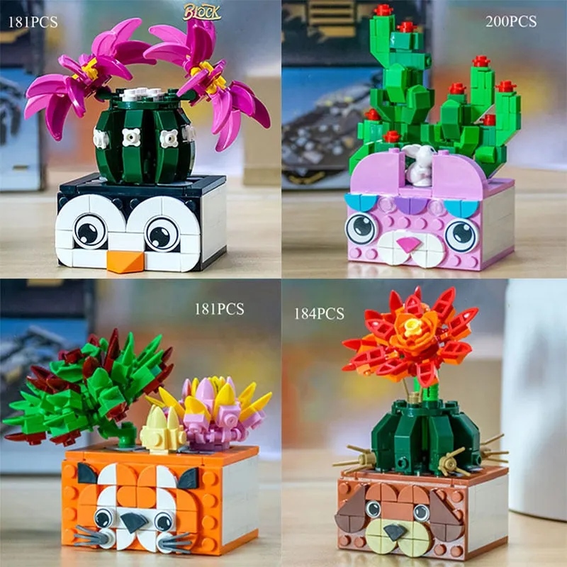 Bouquet DIY Building Blocks Romantic Rose Flower Bonsai Cactus Flower Plant 3D Model Bricks Children's Educational Toy Girl Gift