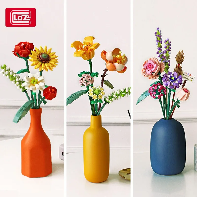 Bouquet DIY Building Blocks Romantic Rose Flower Bonsai Cactus Flower Plant 3D Model Bricks Children's Educational Toy Girl Gift