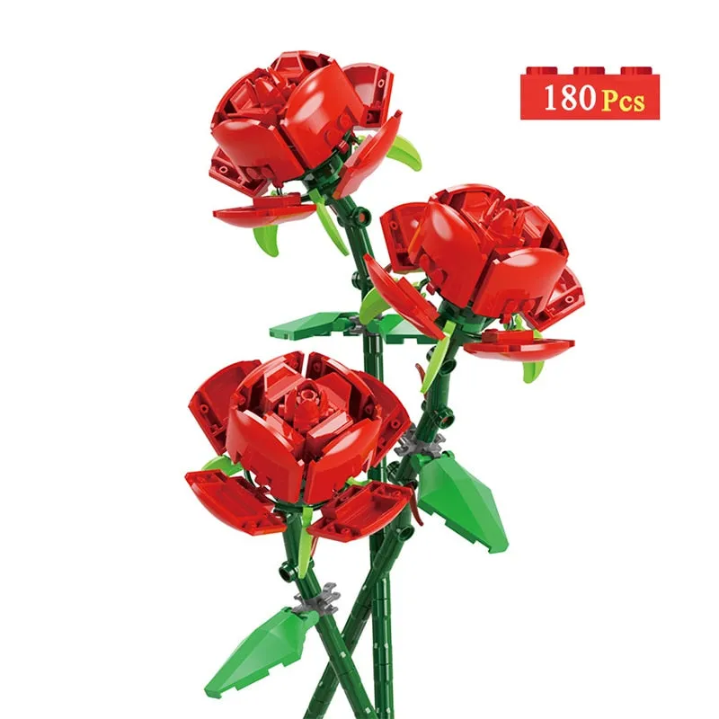 Bouquet DIY Building Blocks Romantic Rose Flower Bonsai Cactus Flower Plant 3D Model Bricks Children's Educational Toy Girl Gift