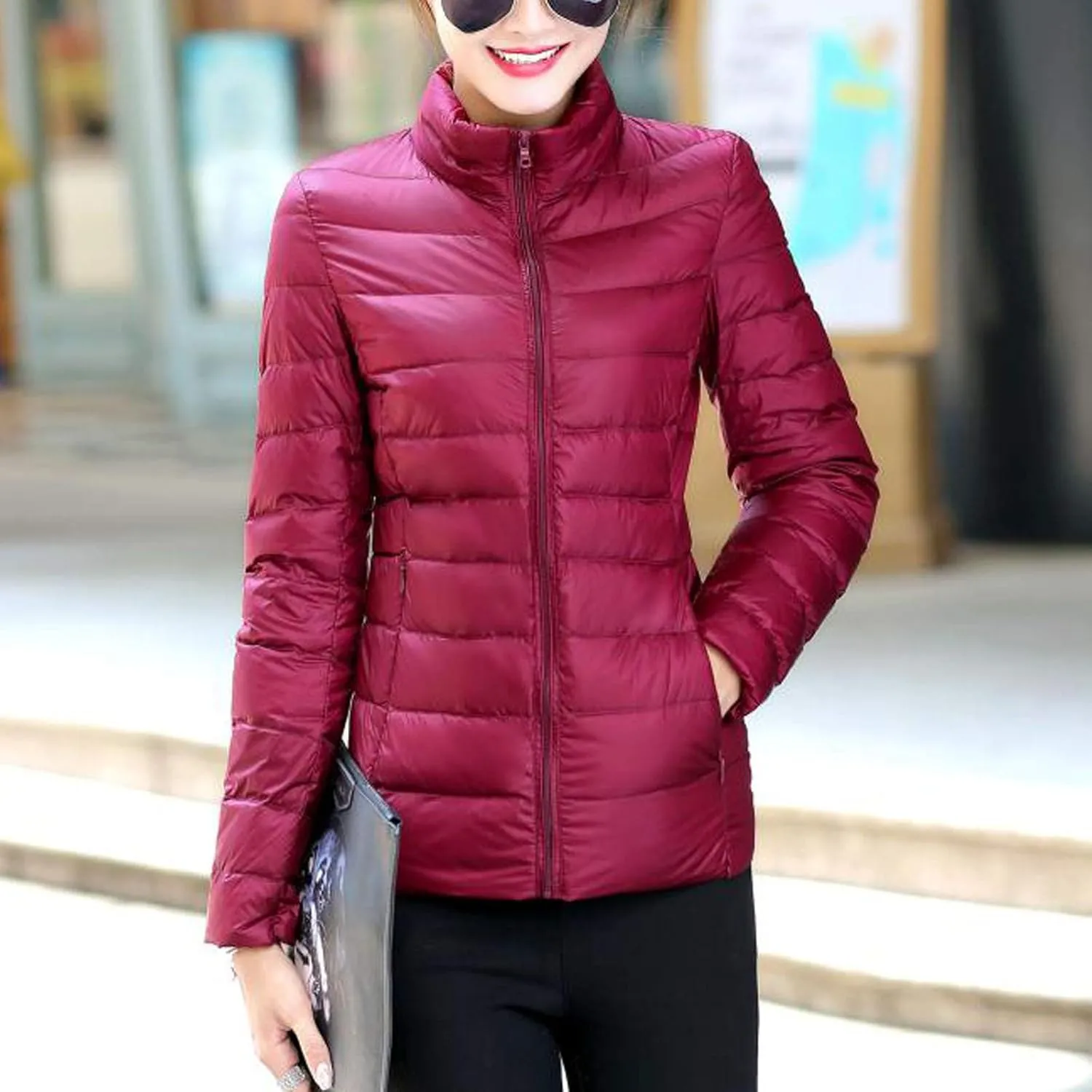 BOXIACEY Winter Coats for Women Solid Packable Puffer Down Jackets Warm Parkas Stand Collar Long Sleeve Outwear with Pockets