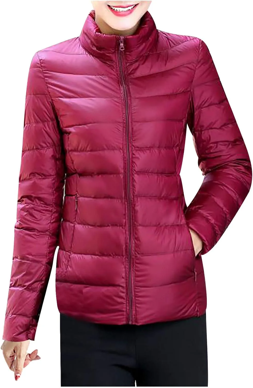 BOXIACEY Winter Coats for Women Solid Packable Puffer Down Jackets Warm Parkas Stand Collar Long Sleeve Outwear with Pockets