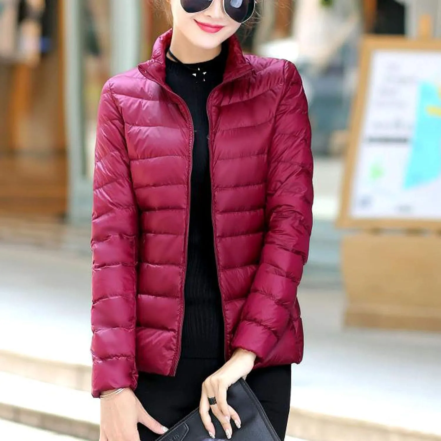 BOXIACEY Winter Coats for Women Solid Packable Puffer Down Jackets Warm Parkas Stand Collar Long Sleeve Outwear with Pockets