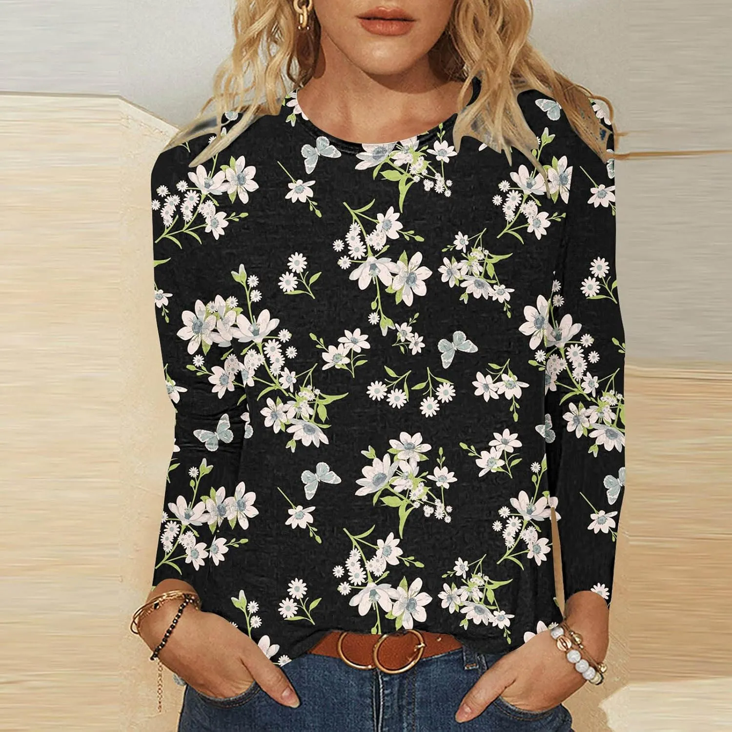 Fall Shirts for Women 2024 Dressy Casual Long Sleeve Crewneck Blouses Floral Print Tunic Tops Cotton Tshirt