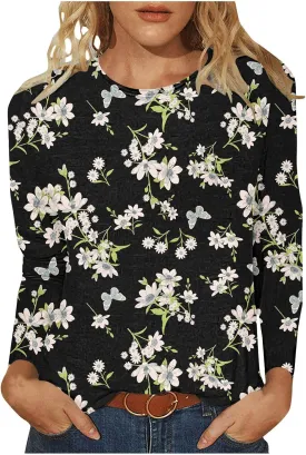 Fall Shirts for Women 2024 Dressy Casual Long Sleeve Crewneck Blouses Floral Print Tunic Tops Cotton Tshirt