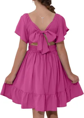 Girls Summer Tie Back Dress Tween Kids Ruffle Hem Off Shoulder Dresses Party Outfit Size 4-15 Years