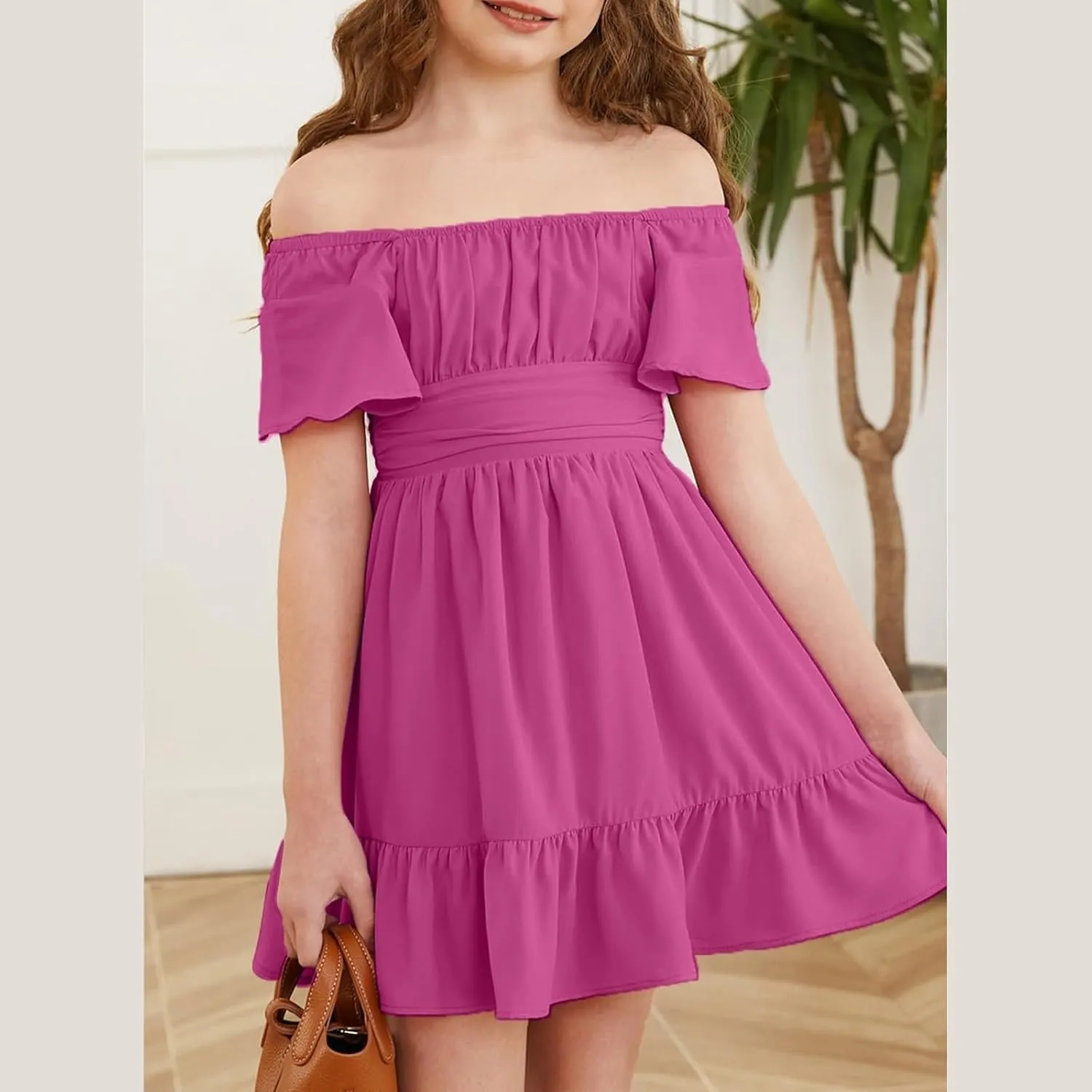 Girls Summer Tie Back Dress Tween Kids Ruffle Hem Off Shoulder Dresses Party Outfit Size 4-15 Years