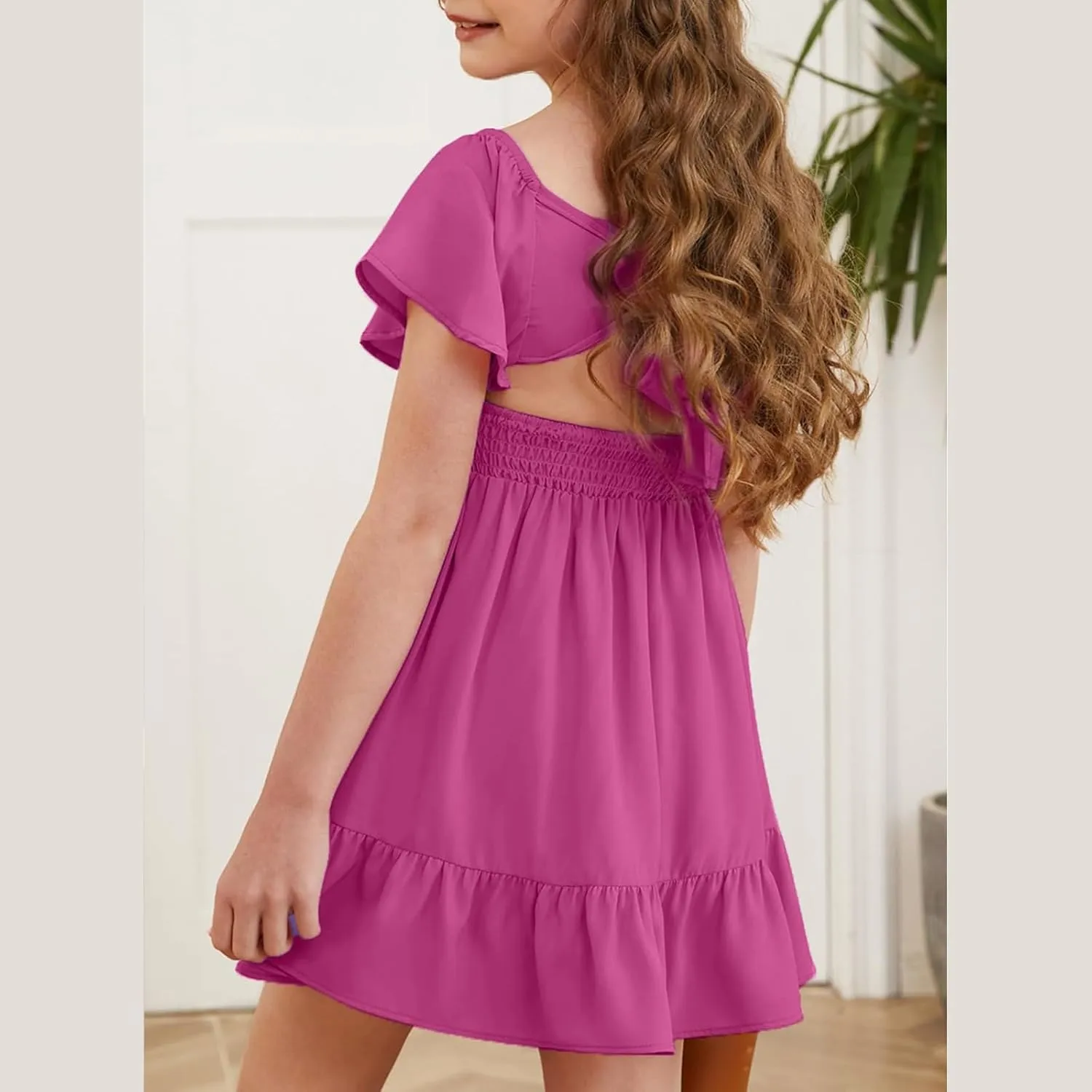 Girls Summer Tie Back Dress Tween Kids Ruffle Hem Off Shoulder Dresses Party Outfit Size 4-15 Years