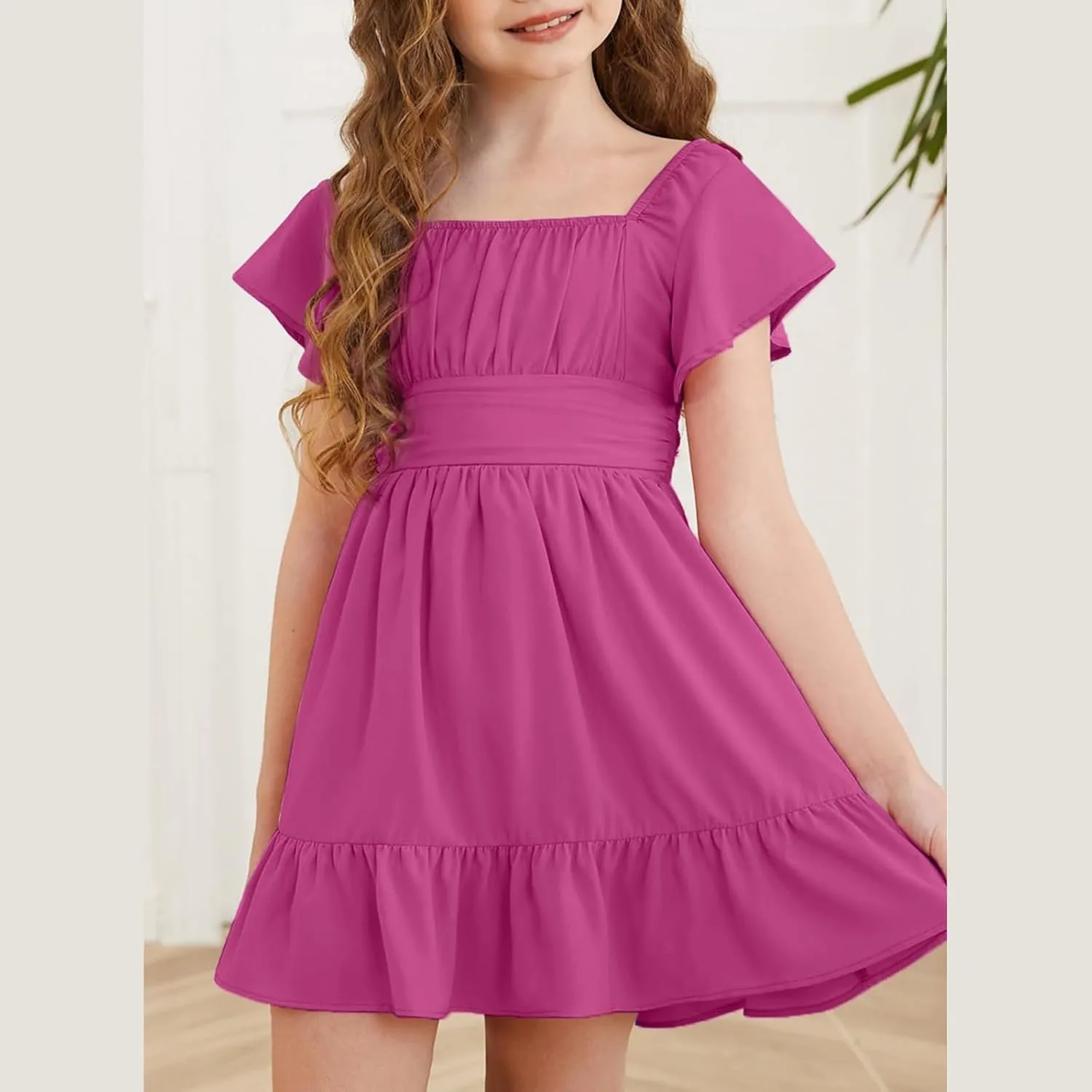 Girls Summer Tie Back Dress Tween Kids Ruffle Hem Off Shoulder Dresses Party Outfit Size 4-15 Years