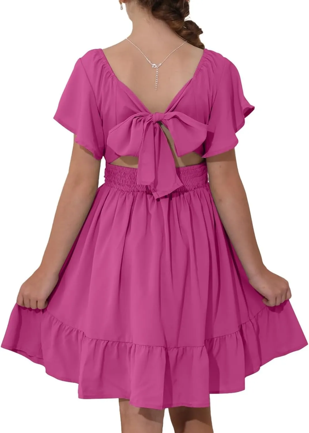 Girls Summer Tie Back Dress Tween Kids Ruffle Hem Off Shoulder Dresses Party Outfit Size 4-15 Years