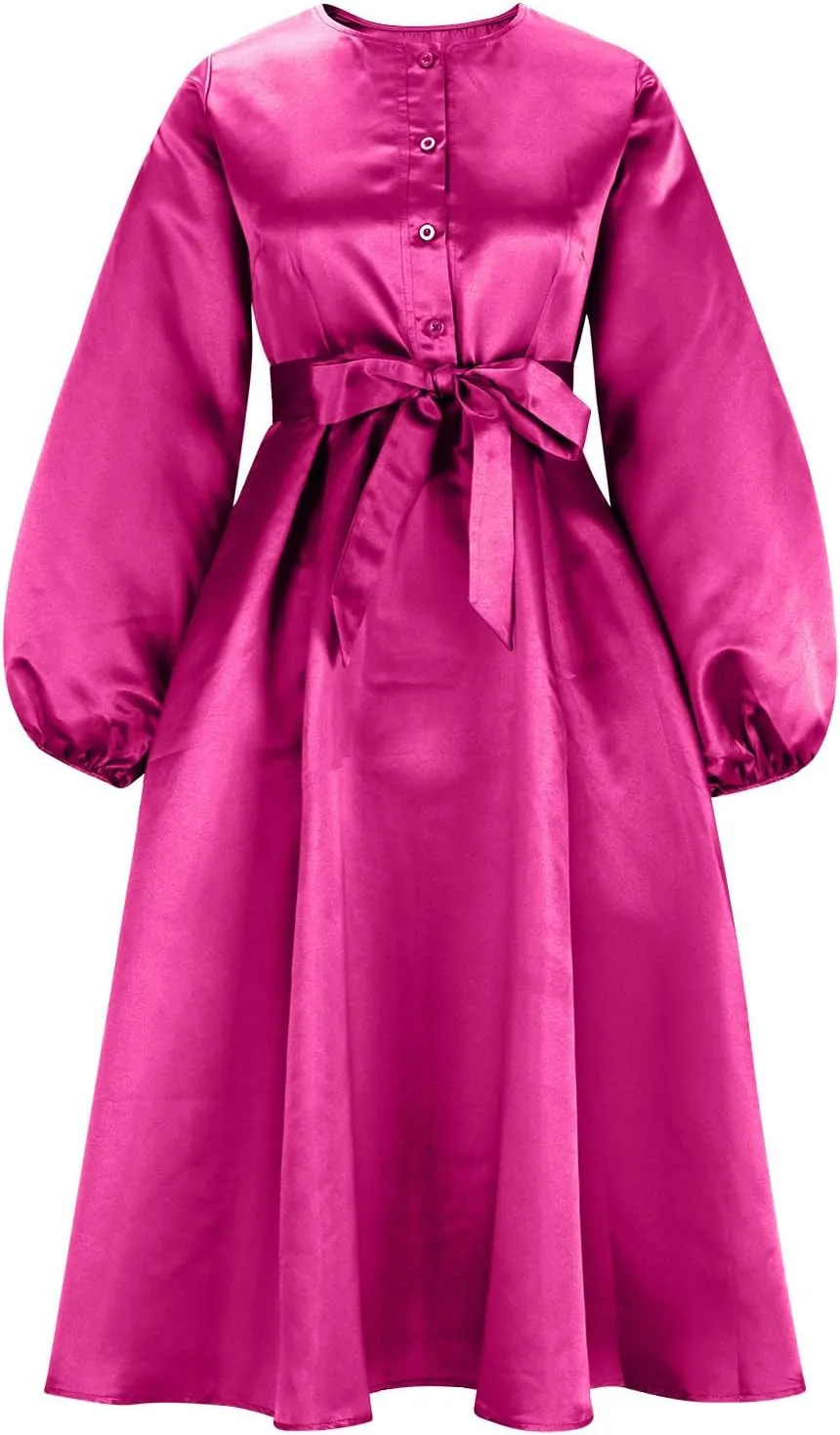 HGps8w Satin Swing Cocktail Midi Dresses for Women Elegant Puff Sleeve Button Front A-Line Formal Party Prom Dress