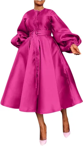 HGps8w Satin Swing Cocktail Midi Dresses for Women Elegant Puff Sleeve Button Front A-Line Formal Party Prom Dress