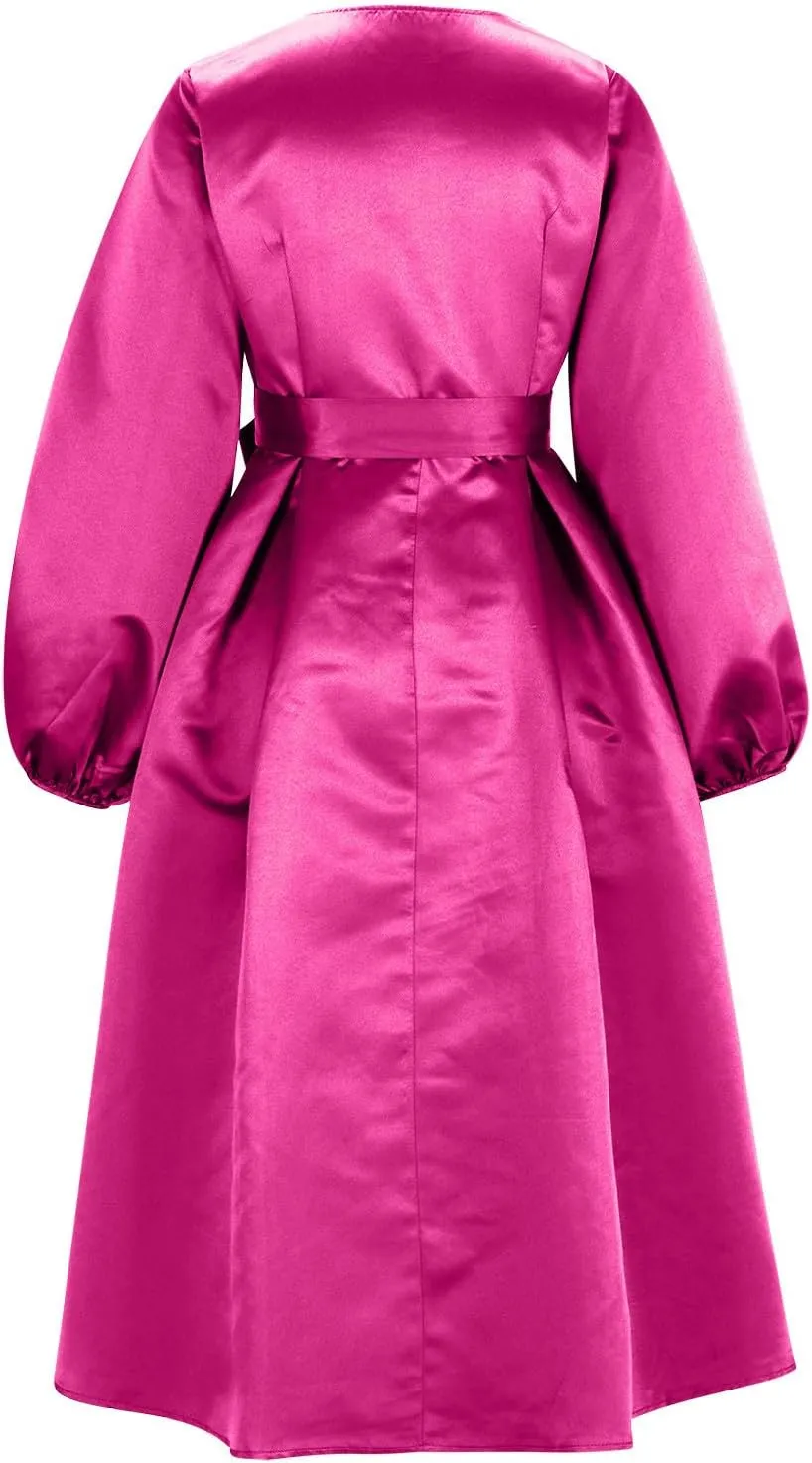 HGps8w Satin Swing Cocktail Midi Dresses for Women Elegant Puff Sleeve Button Front A-Line Formal Party Prom Dress