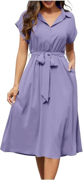 JOAU Womens Summer Beach 2025 Casual Midi Dresses V Neck Collared Short Sleeve Button Down Shirt Belted Dress with Pockets