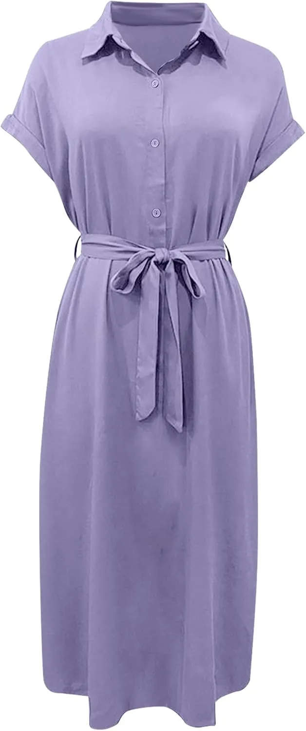 JOAU Womens Summer Beach 2025 Casual Midi Dresses V Neck Collared Short Sleeve Button Down Shirt Belted Dress with Pockets