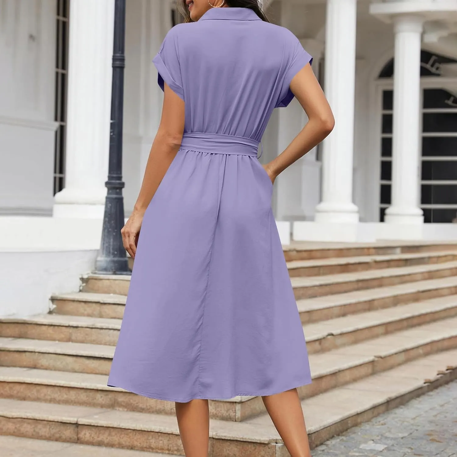 JOAU Womens Summer Beach 2025 Casual Midi Dresses V Neck Collared Short Sleeve Button Down Shirt Belted Dress with Pockets