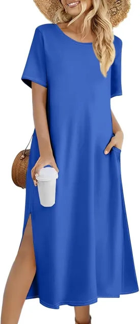 Kenvina Women Floral Summer Dress Casual Beach Dress Printed T Shirt Dress Split Long Dress Vacation Dress with Pockets