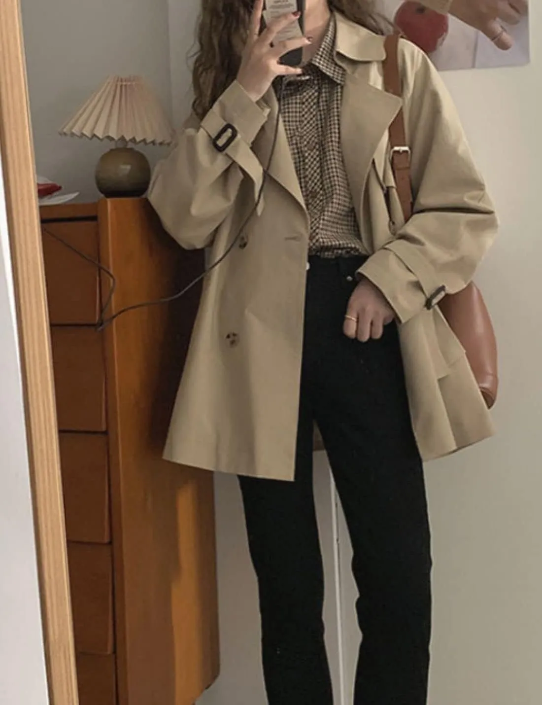 Kwoki Women's Double Breasted Short Trench Coat Long Sleeve Casual Button Lapel Overcoat