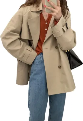 Kwoki Women's Double Breasted Short Trench Coat Long Sleeve Casual Button Lapel Overcoat