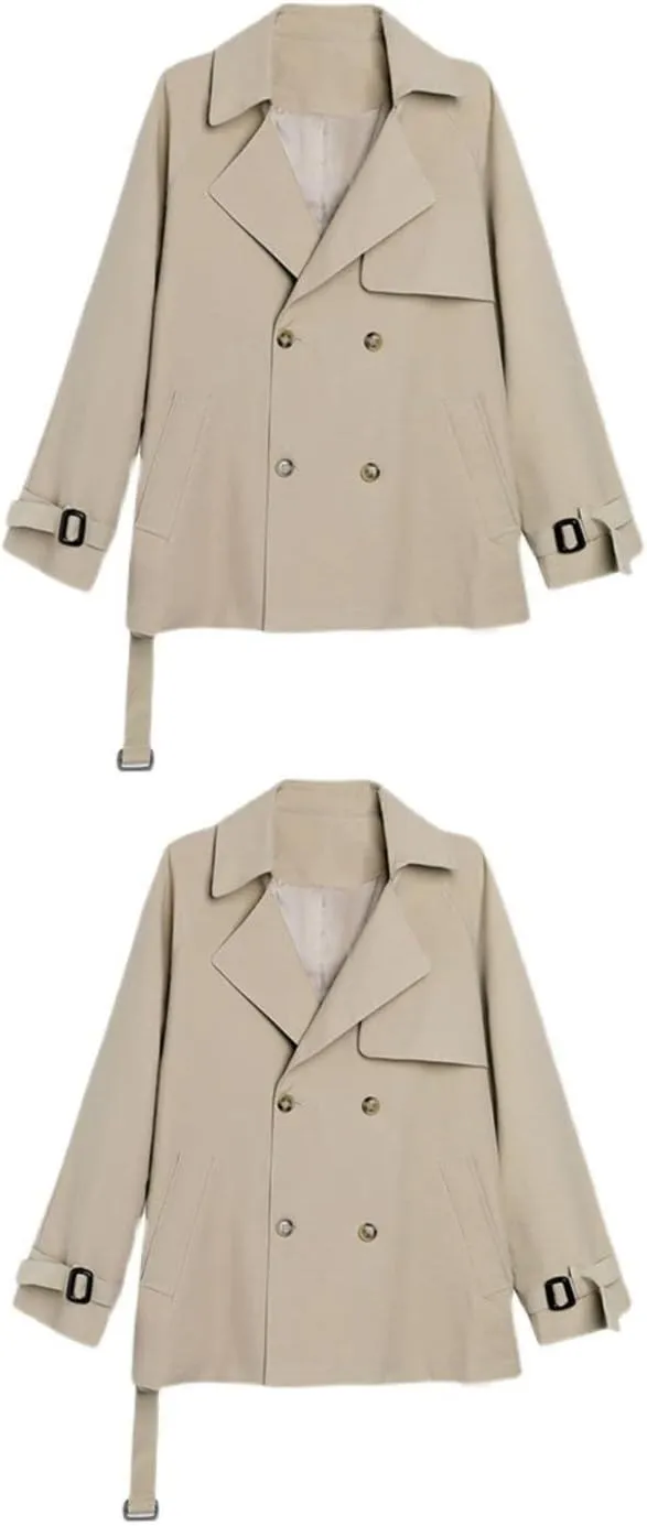 Kwoki Women's Double Breasted Short Trench Coat Long Sleeve Casual Button Lapel Overcoat