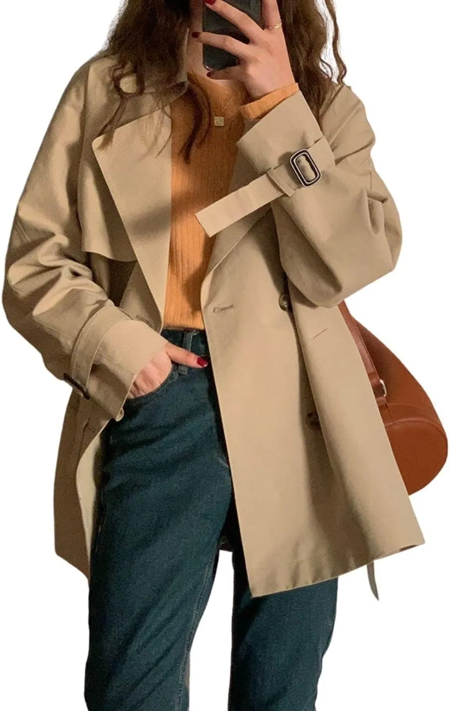 Kwoki Women's Double Breasted Short Trench Coat Long Sleeve Casual Button Lapel Overcoat