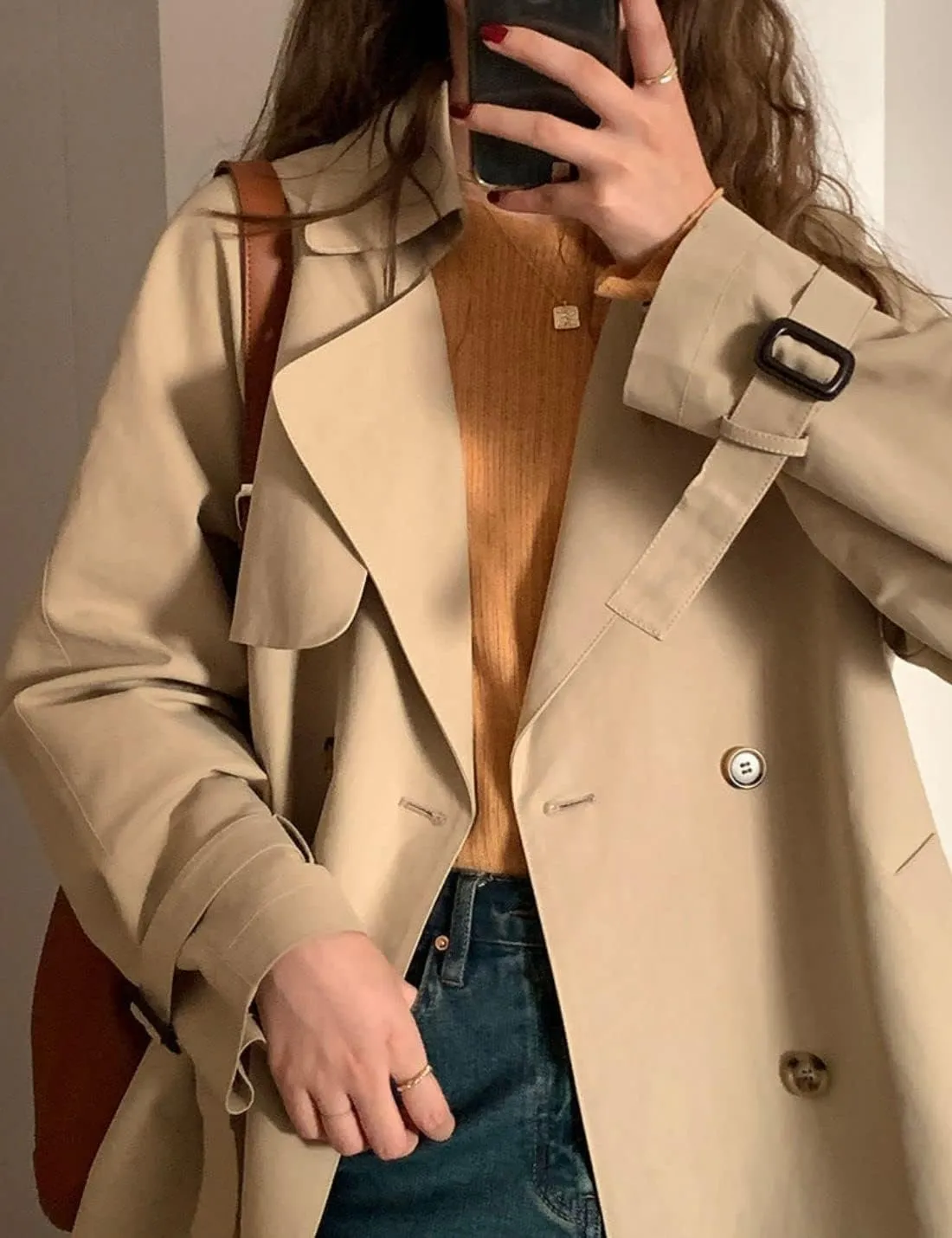 Kwoki Women's Double Breasted Short Trench Coat Long Sleeve Casual Button Lapel Overcoat