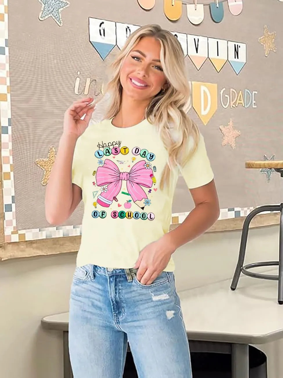 Last Day of School Shirt Women - Teacher Life Shirts Pencil Graphic Tee Graduation Gift Short Sleeve Tee Tops