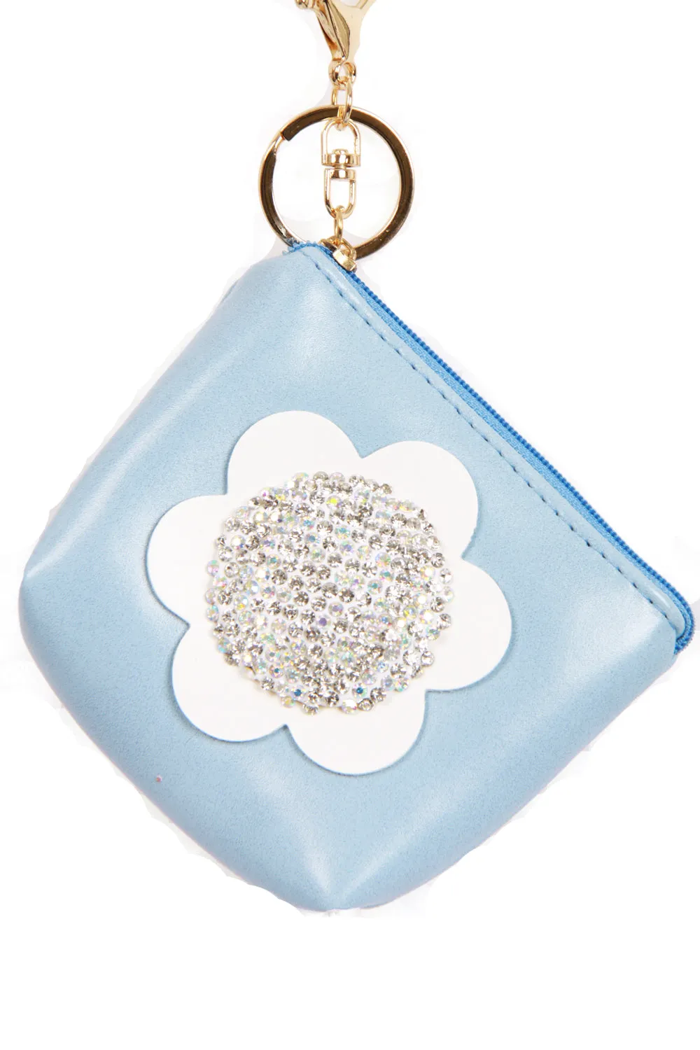 Leather Look Flower Diamante Zip Purse Bag Charm Keyring