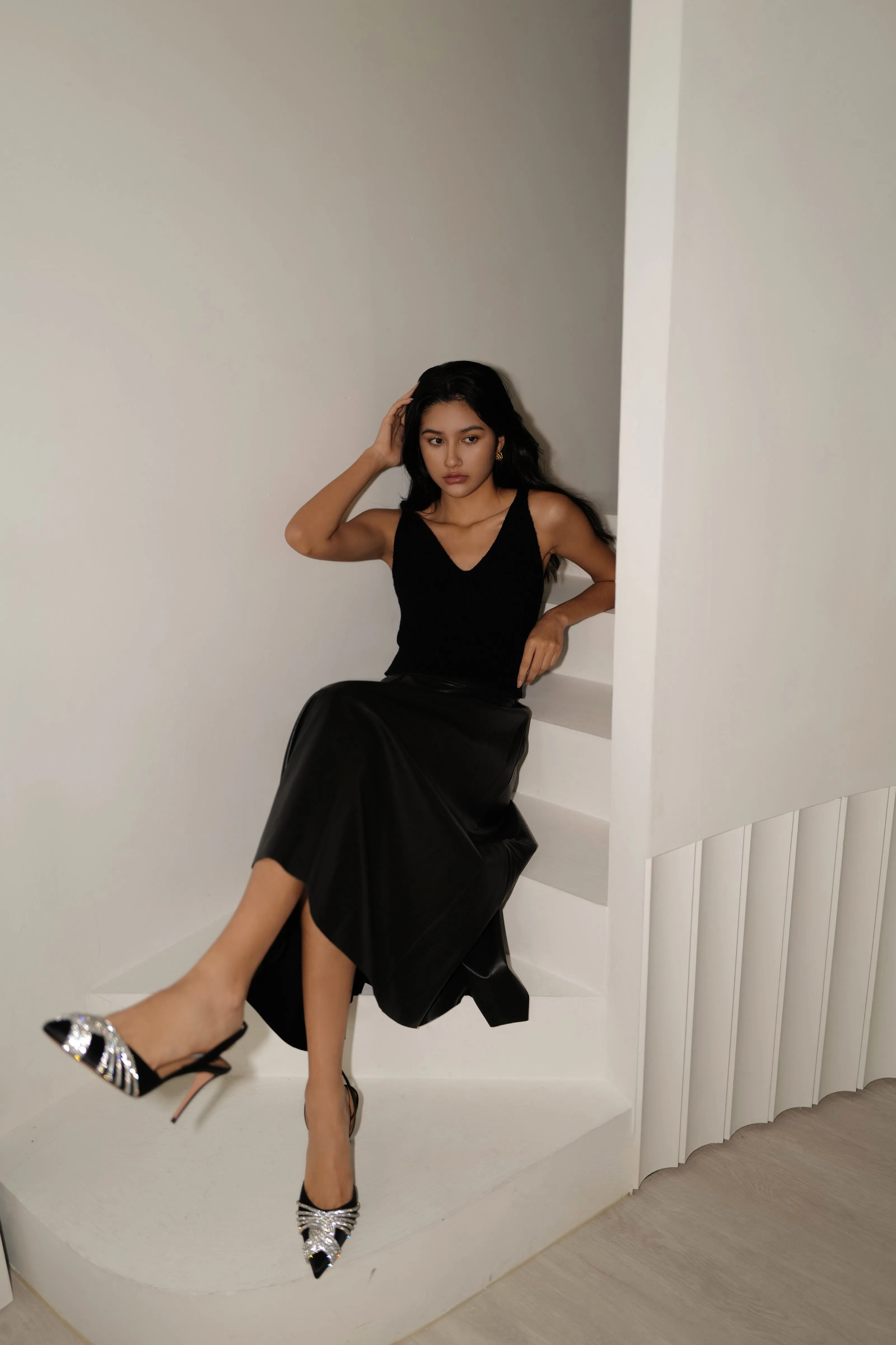 Level up the look faux leather skirt with belt