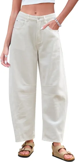 Mid Rise Barrel Jeans for Women Wide Leg Mid Waist Cropped Denim Pants Y2k Baggy Boyfriend Jeans with Pockets