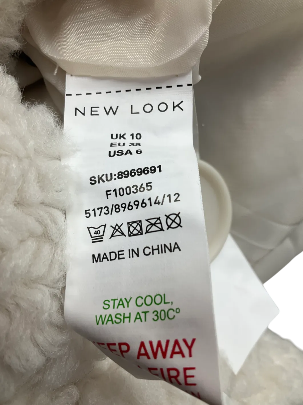 New Look Cream Short Borg Coat UK 10