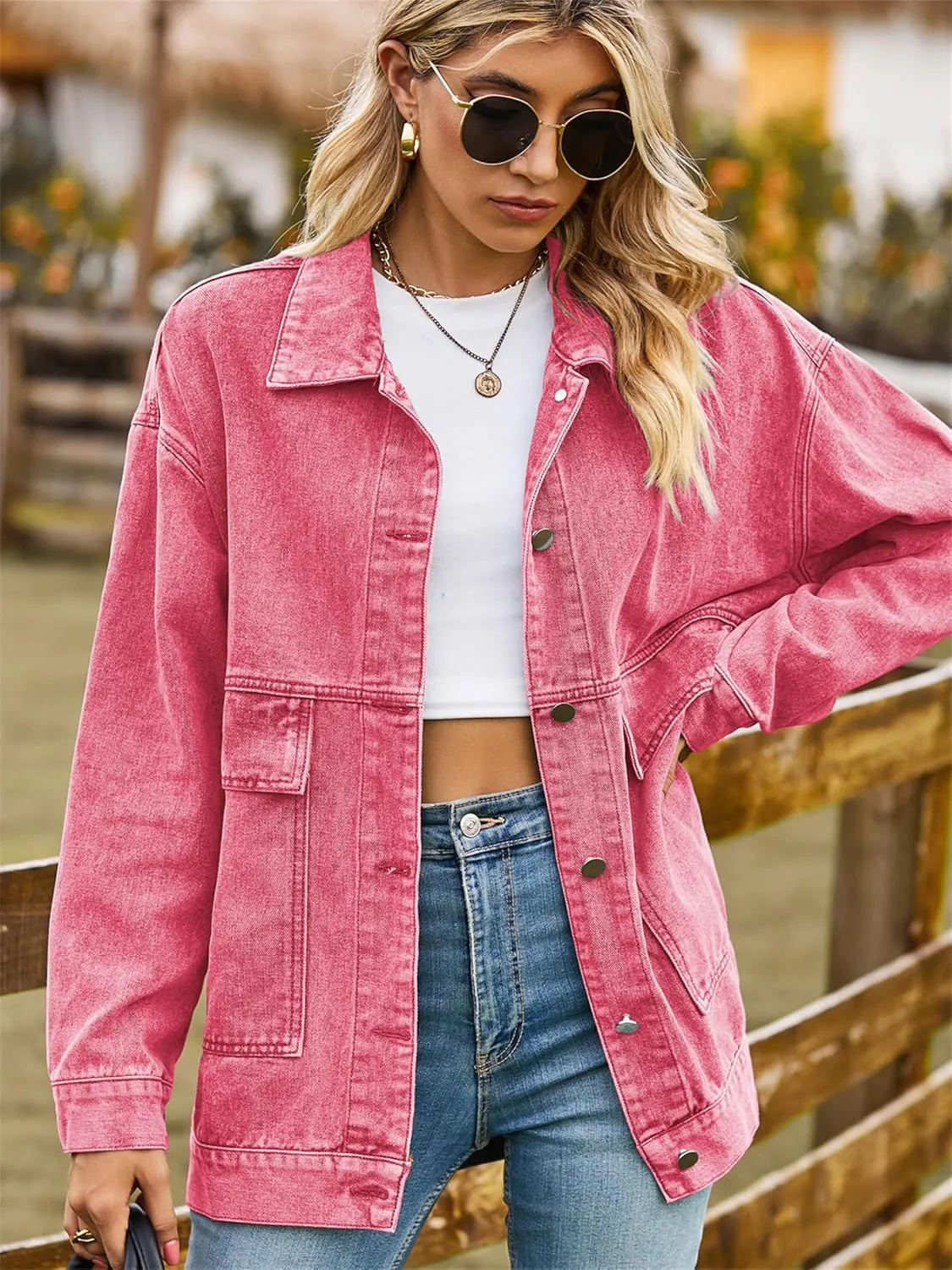 PAODIKUAI Women's Oversized Denim Jacket Casual Long Sleeve Vintage Jean Jacket Top Coat with Pockets
