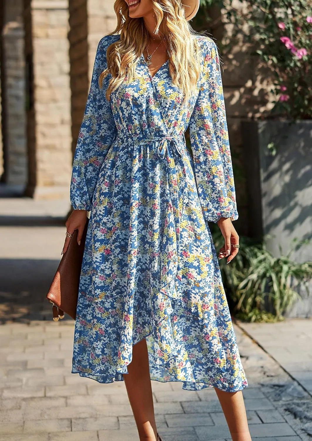 PRETTYGARDEN Women's Floral Boho Dress Fall Long Sleeve Wrap V Neck Ruffle Flowy Maxi Spring Wedding Guest Vacation Dresses