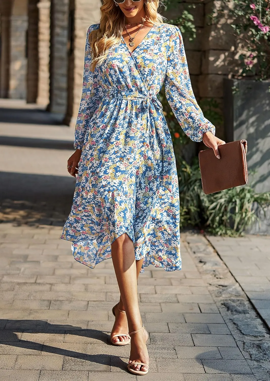 PRETTYGARDEN Women's Floral Boho Dress Fall Long Sleeve Wrap V Neck Ruffle Flowy Maxi Spring Wedding Guest Vacation Dresses