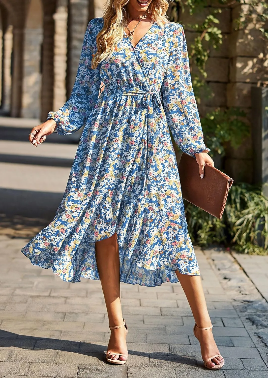 PRETTYGARDEN Women's Floral Boho Dress Fall Long Sleeve Wrap V Neck Ruffle Flowy Maxi Spring Wedding Guest Vacation Dresses