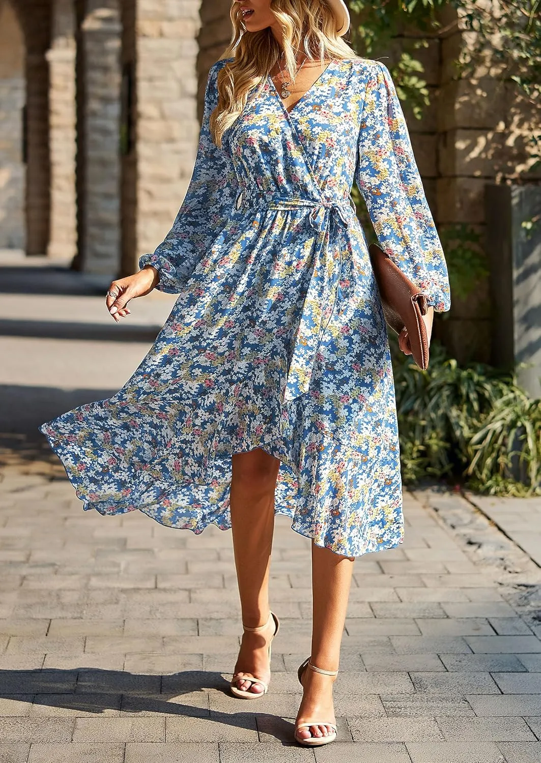 PRETTYGARDEN Women's Floral Boho Dress Fall Long Sleeve Wrap V Neck Ruffle Flowy Maxi Spring Wedding Guest Vacation Dresses