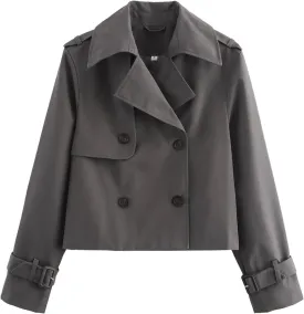 Short Trench Coat for Women, Double Breasted Long Sleeve Lapel Casual Jackets Outerwear with Pockets