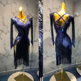 Show Stopping Navy Latin or Rhythm Ballroom Dance Dress With Criss-Cross Straps