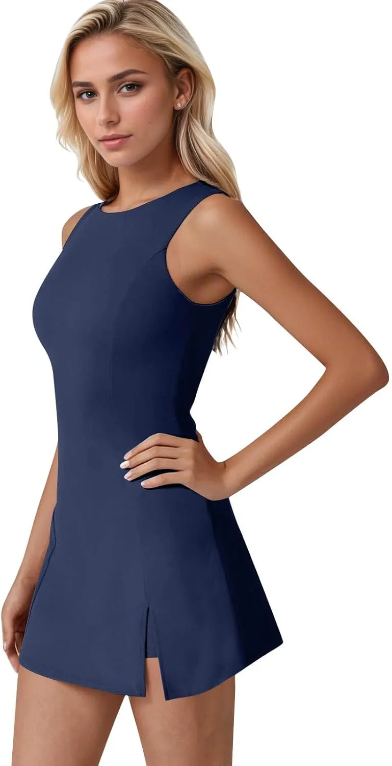 Skort Dress for Women Sleeveless Bodycon Side Slit Mini Tennis Dress with Shorts Cute Summer Active Comfy Shift Dresses