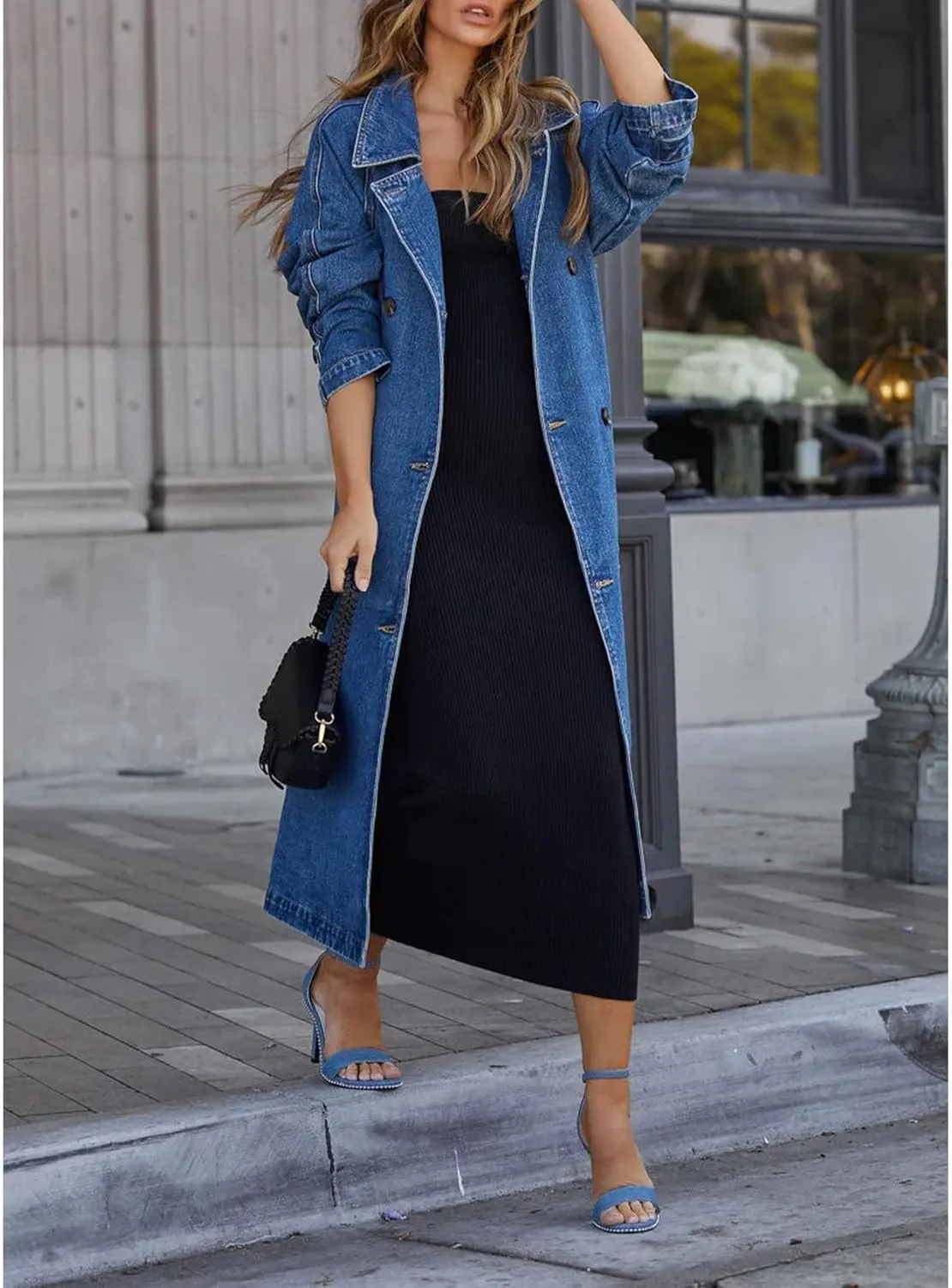 SOMTHRON Women's Classic Long Jean Jacket Loose Fit Double Breasted Lapel Belted Midi Denim Trench Coat Windbreaker
