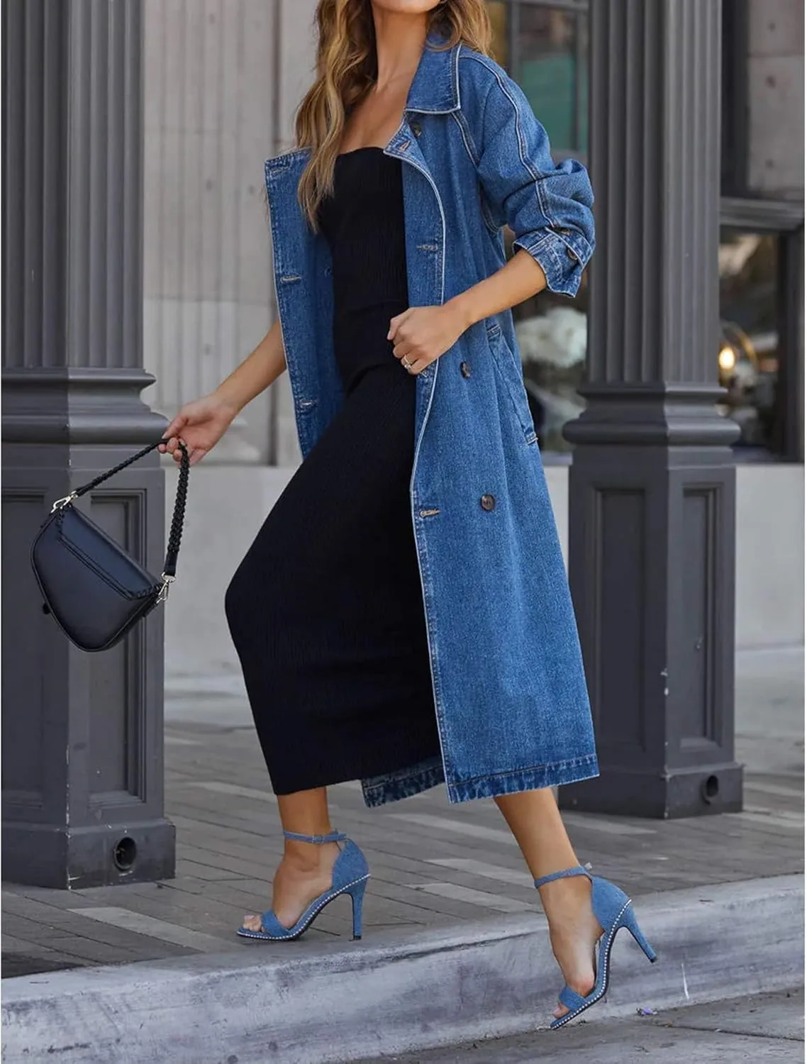 SOMTHRON Women's Classic Long Jean Jacket Loose Fit Double Breasted Lapel Belted Midi Denim Trench Coat Windbreaker