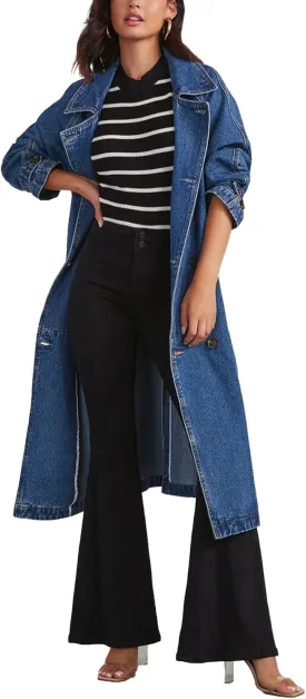SOMTHRON Women's Classic Long Jean Jacket Loose Fit Double Breasted Lapel Belted Midi Denim Trench Coat Windbreaker