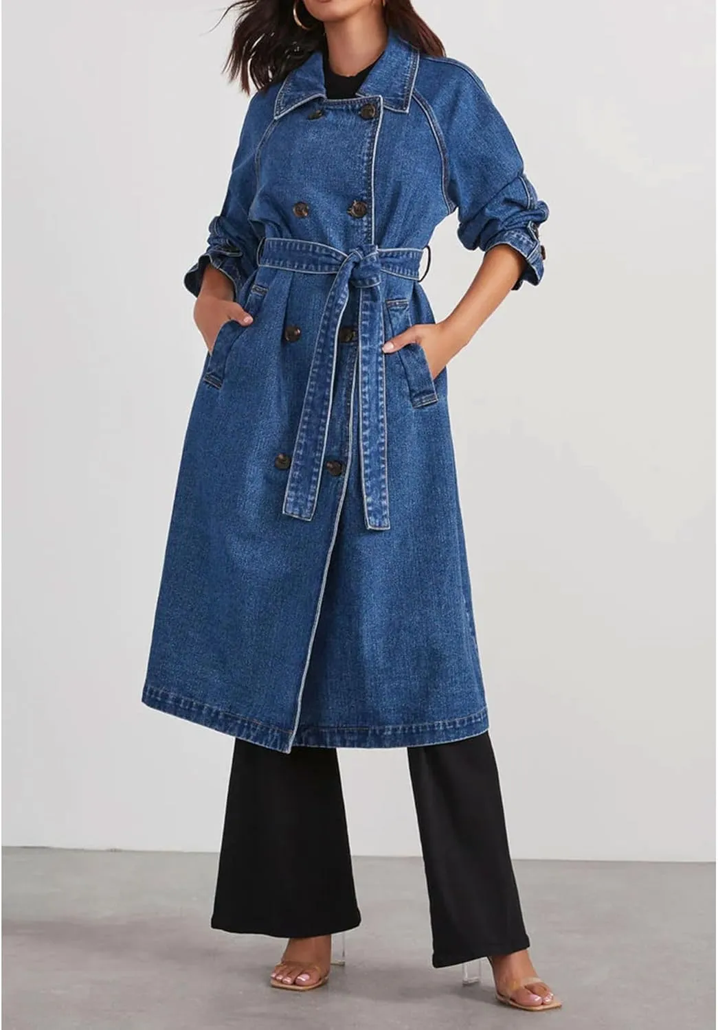 SOMTHRON Women's Classic Long Jean Jacket Loose Fit Double Breasted Lapel Belted Midi Denim Trench Coat Windbreaker
