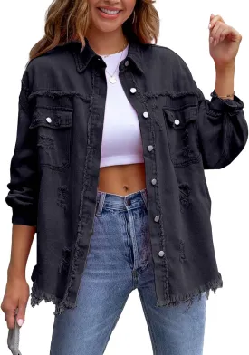 SOMTHRON Women's Oversized Denim Jacket Frayed Hem Button Up Jean Shirt Shacket Ripped Distressed Boyfriend Coat