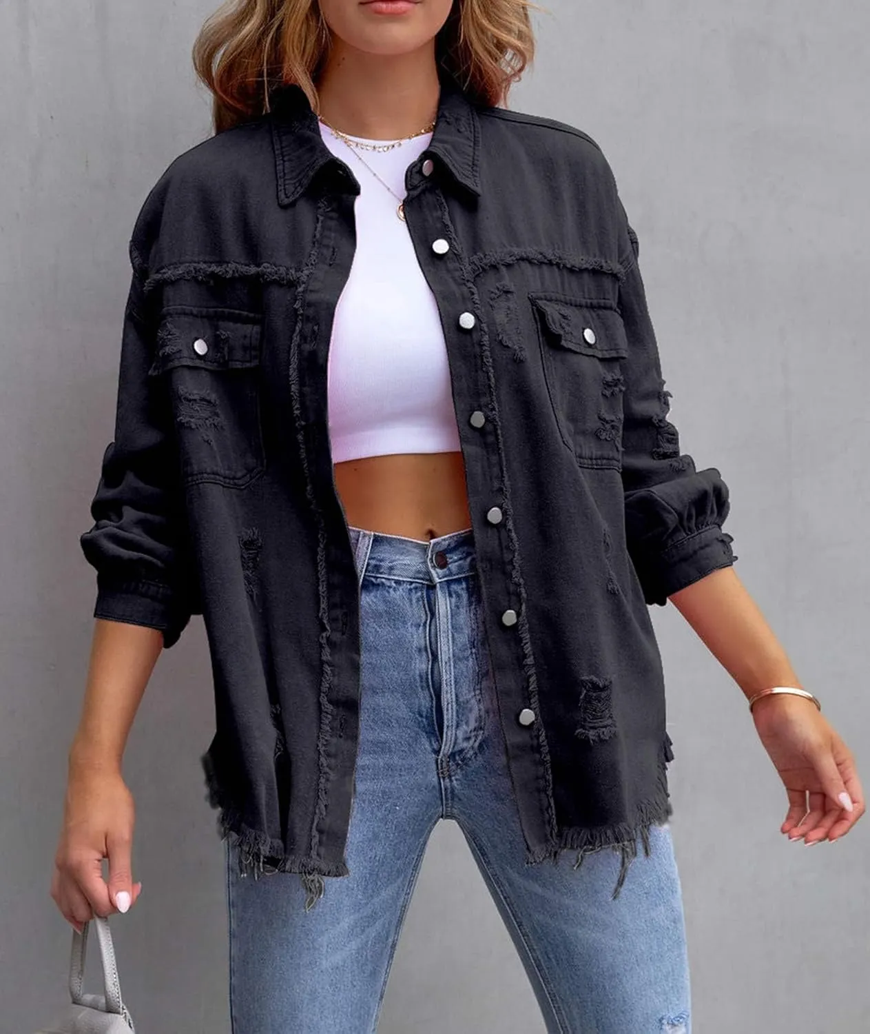SOMTHRON Women's Oversized Denim Jacket Frayed Hem Button Up Jean Shirt Shacket Ripped Distressed Boyfriend Coat