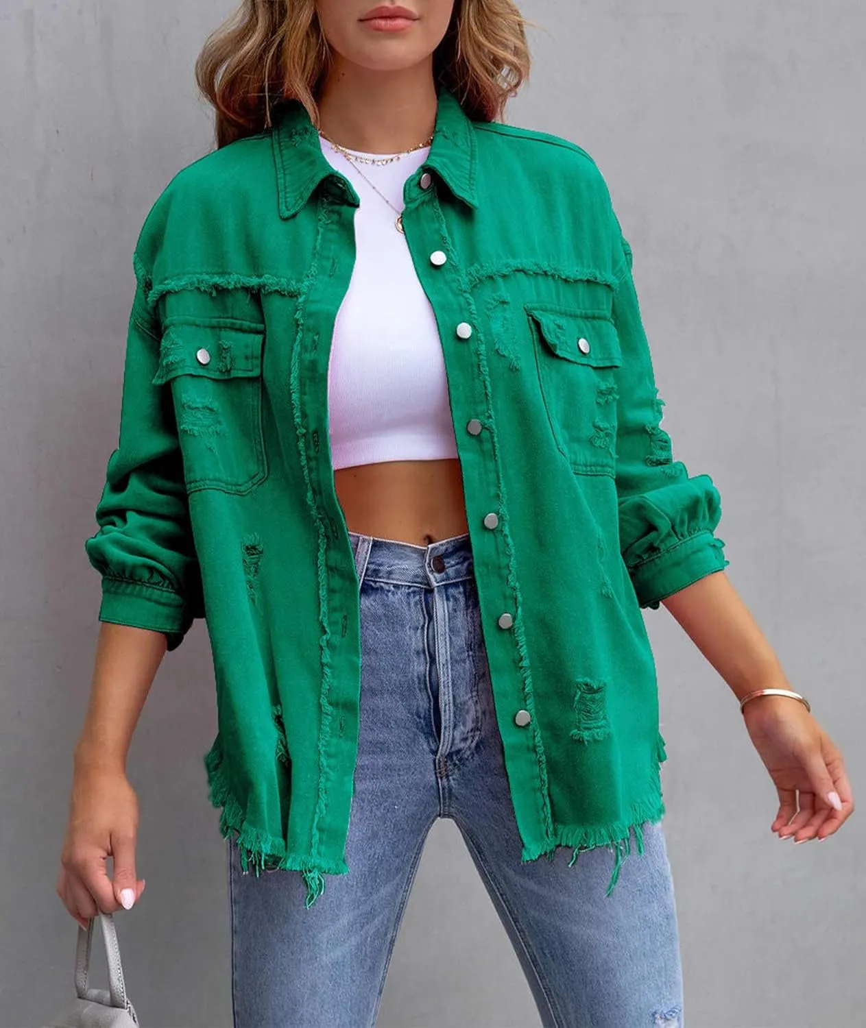 SOMTHRON Women's Oversized Denim Jacket Frayed Hem Button Up Jean Shirt Shacket Ripped Distressed Boyfriend Coat