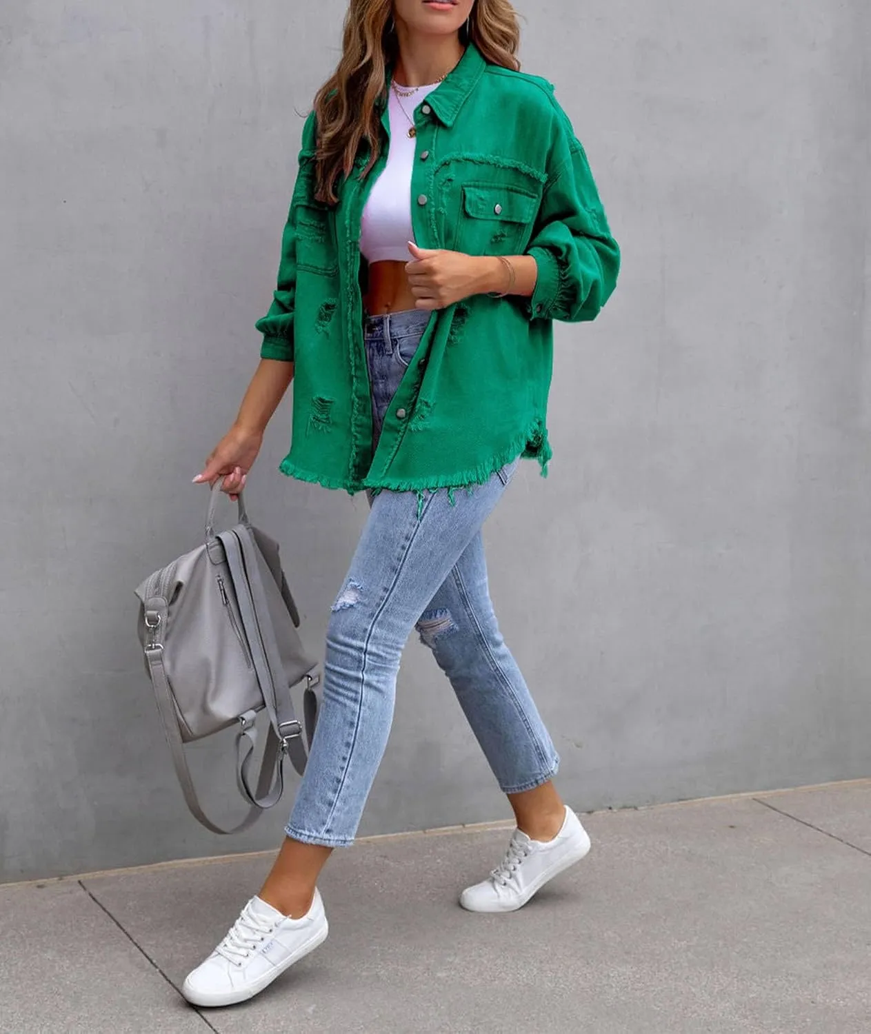 SOMTHRON Women's Oversized Denim Jacket Frayed Hem Button Up Jean Shirt Shacket Ripped Distressed Boyfriend Coat